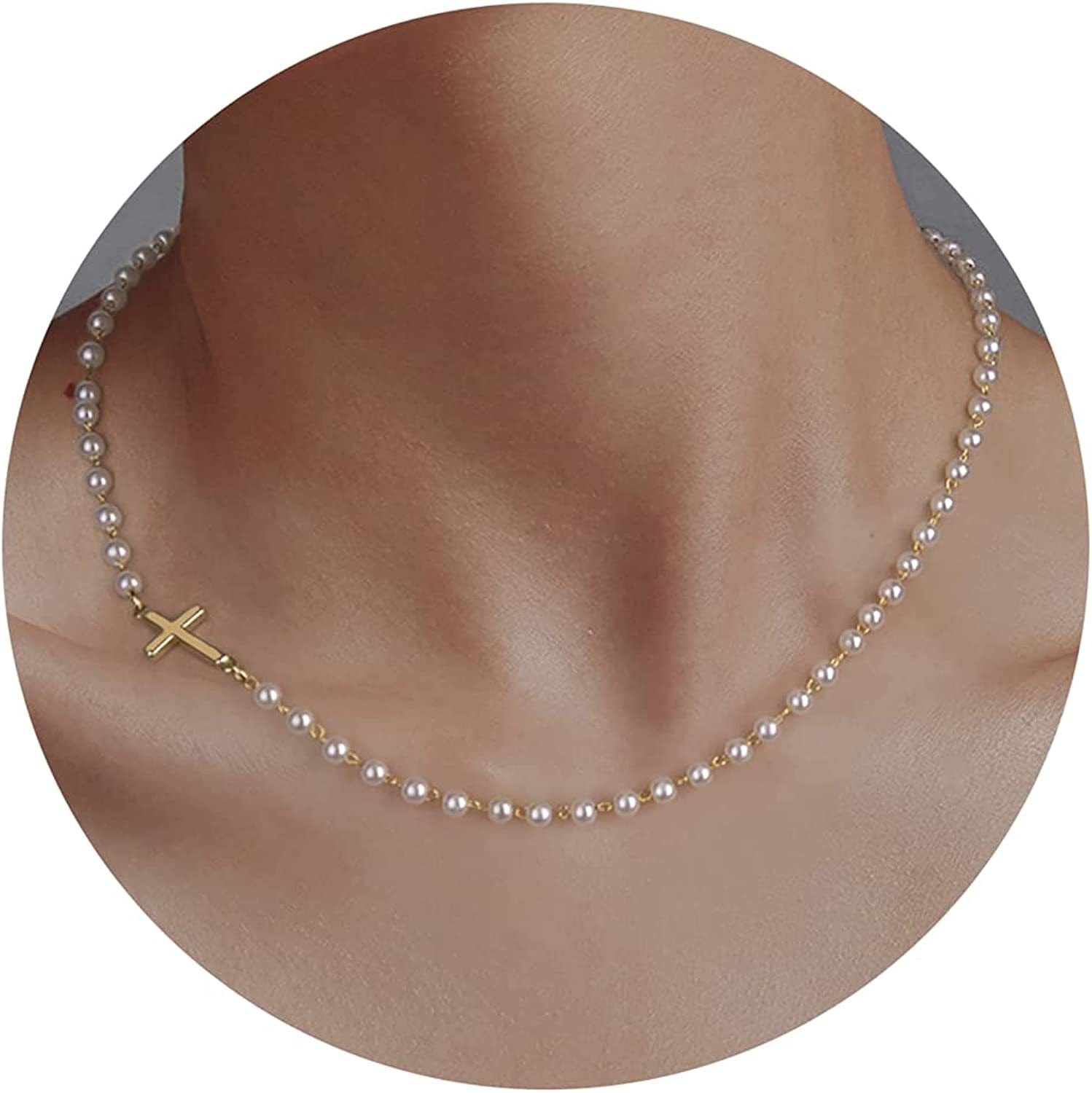 18K Gold/Silver Plated Simple Evil Eye Turquoise Cross Pendant Choker Necklace Simple Tiny Necklace for Women Girls sideway cross pearl Gold