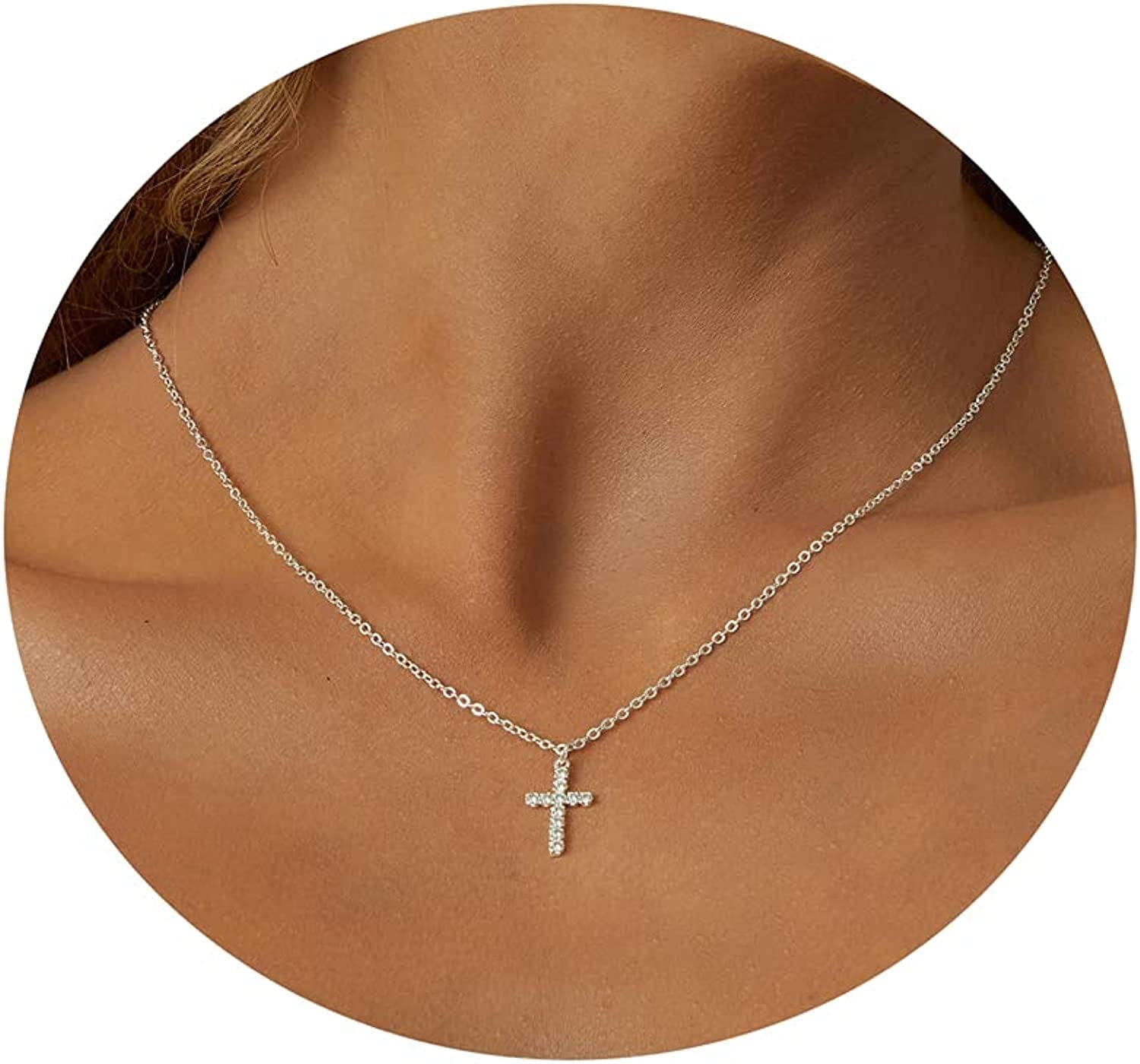 18K Gold/Silver Plated Simple Evil Eye Turquoise Cross Pendant Choker Necklace Simple Tiny Necklace for Women Girls Cubic Zirconia Pendant Silver