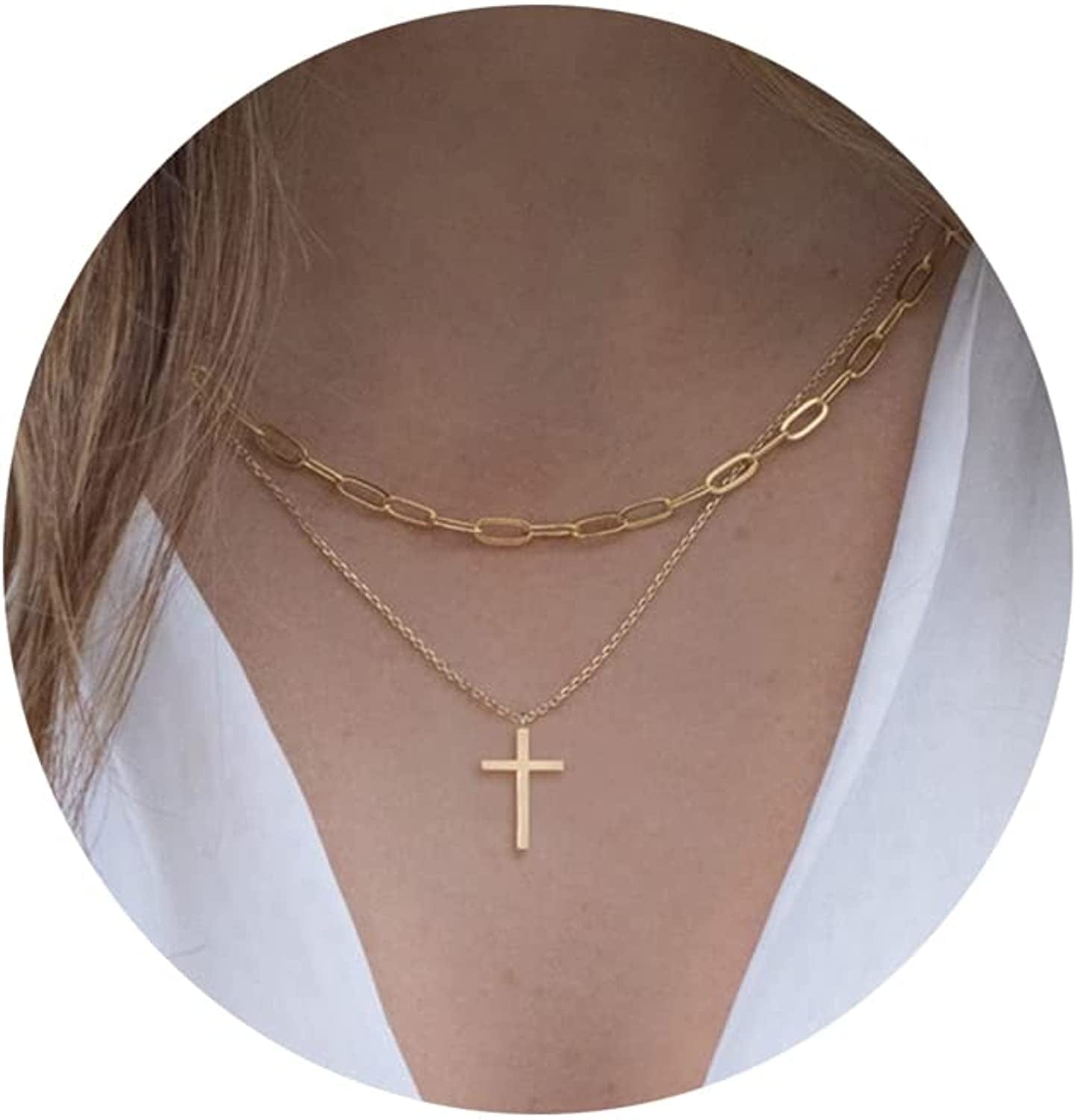 18K Gold/Silver Plated Simple Evil Eye Turquoise Cross Pendant Choker Necklace Simple Tiny Necklace for Women Girls layered paperclip cross gold