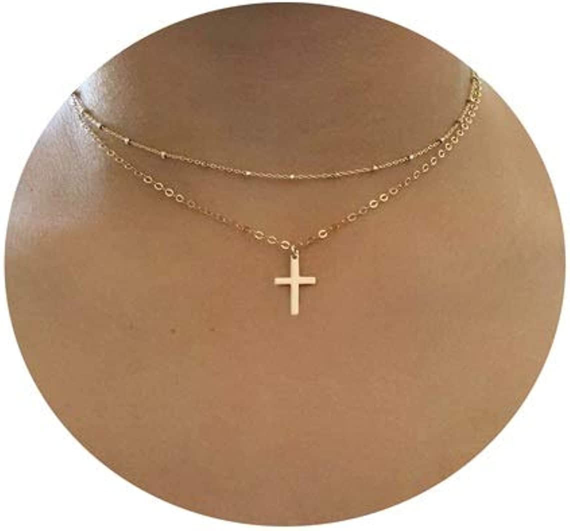 18K Gold/Silver Plated Simple Evil Eye Turquoise Cross Pendant Choker Necklace Simple Tiny Necklace for Women Girls Layered Satellite Cross Gold