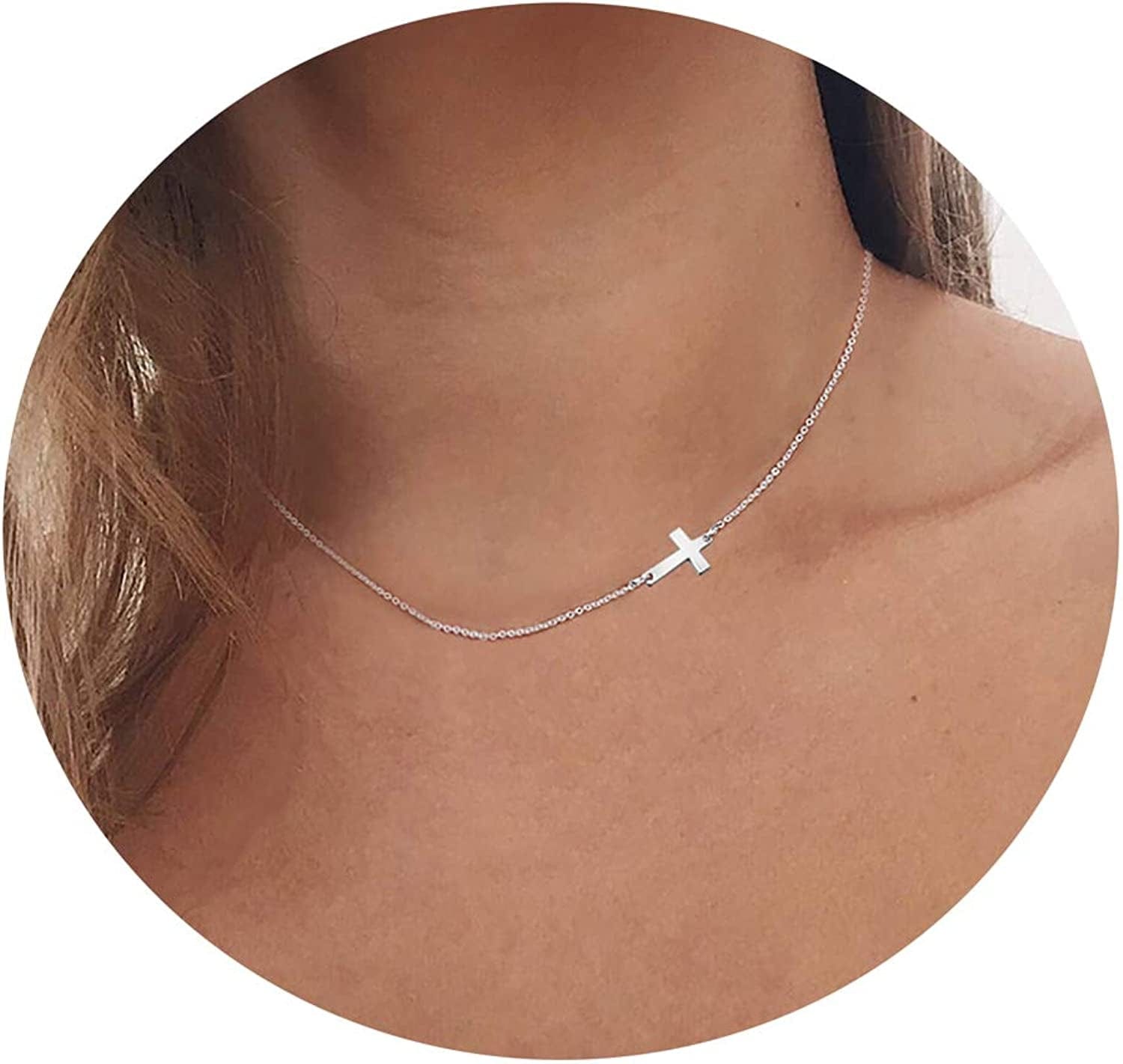 18K Gold/Silver Plated Simple Evil Eye Turquoise Cross Pendant Choker Necklace Simple Tiny Necklace for Women Girls Tiny Sideway Cross Silver