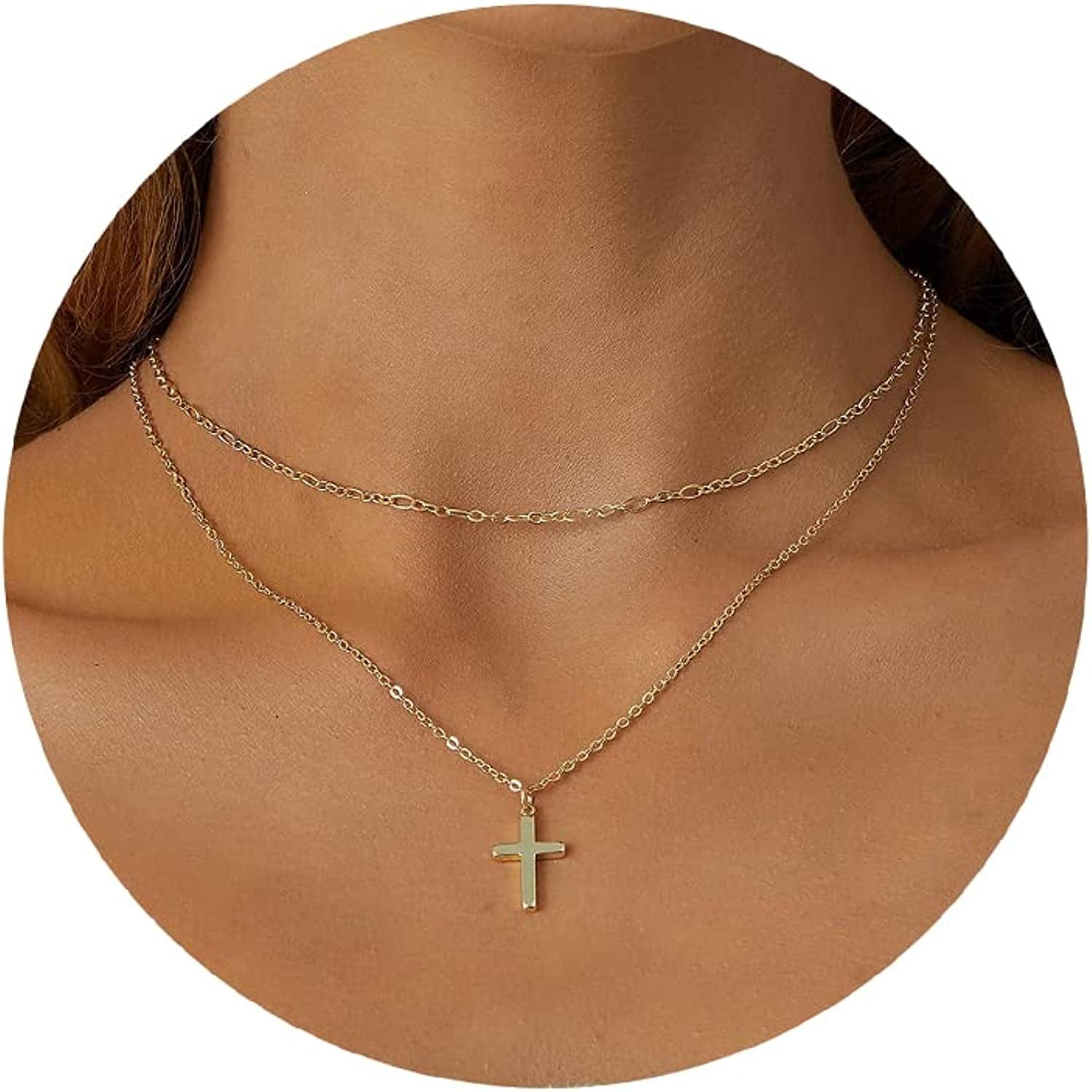 18K Gold/Silver Plated Simple Evil Eye Turquoise Cross Pendant Choker Necklace Simple Tiny Necklace for Women Girls Layered cross with link Gold