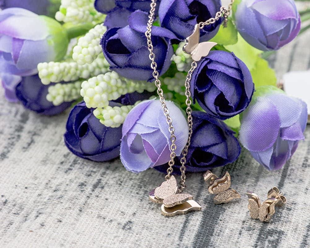 18K Rose Gold Butterfly Stud Earrings Necklace Set for Women