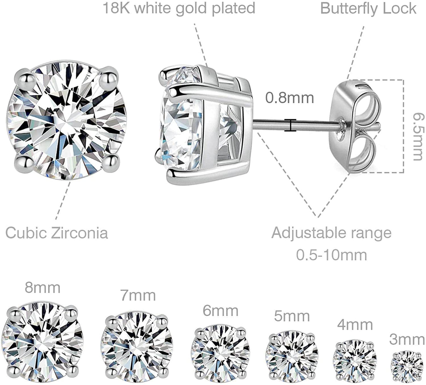 18K White Gold Plated 4 Pong round Clear Cubic Zirconia Stud Earring Pack of 6 Pairs (6 Pairs) Apparel & Accessories > Jewelry > Earrings MDFUN