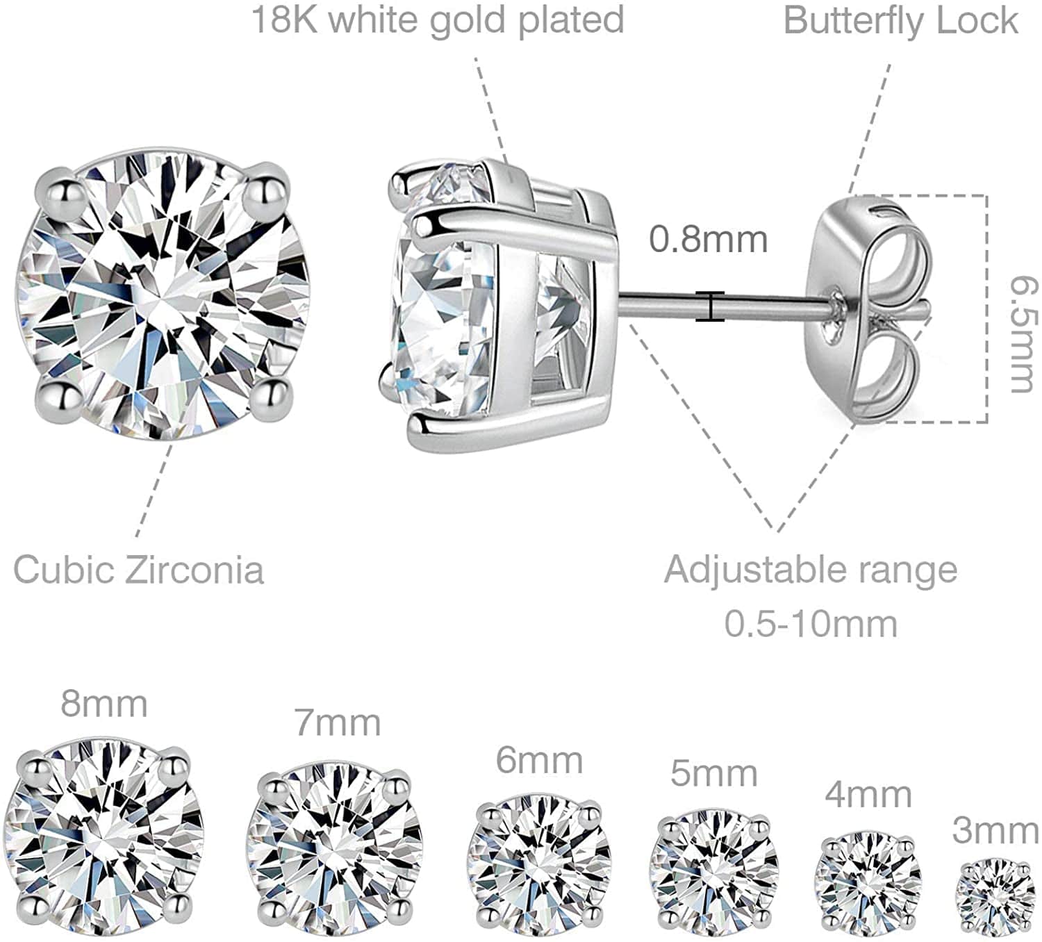 18K White Gold Plated 4 Pong round Clear Cubic Zirconia Stud Earring Pack of 6 Pairs (6 Pairs) Apparel & Accessories > Jewelry > Earrings MDFUN