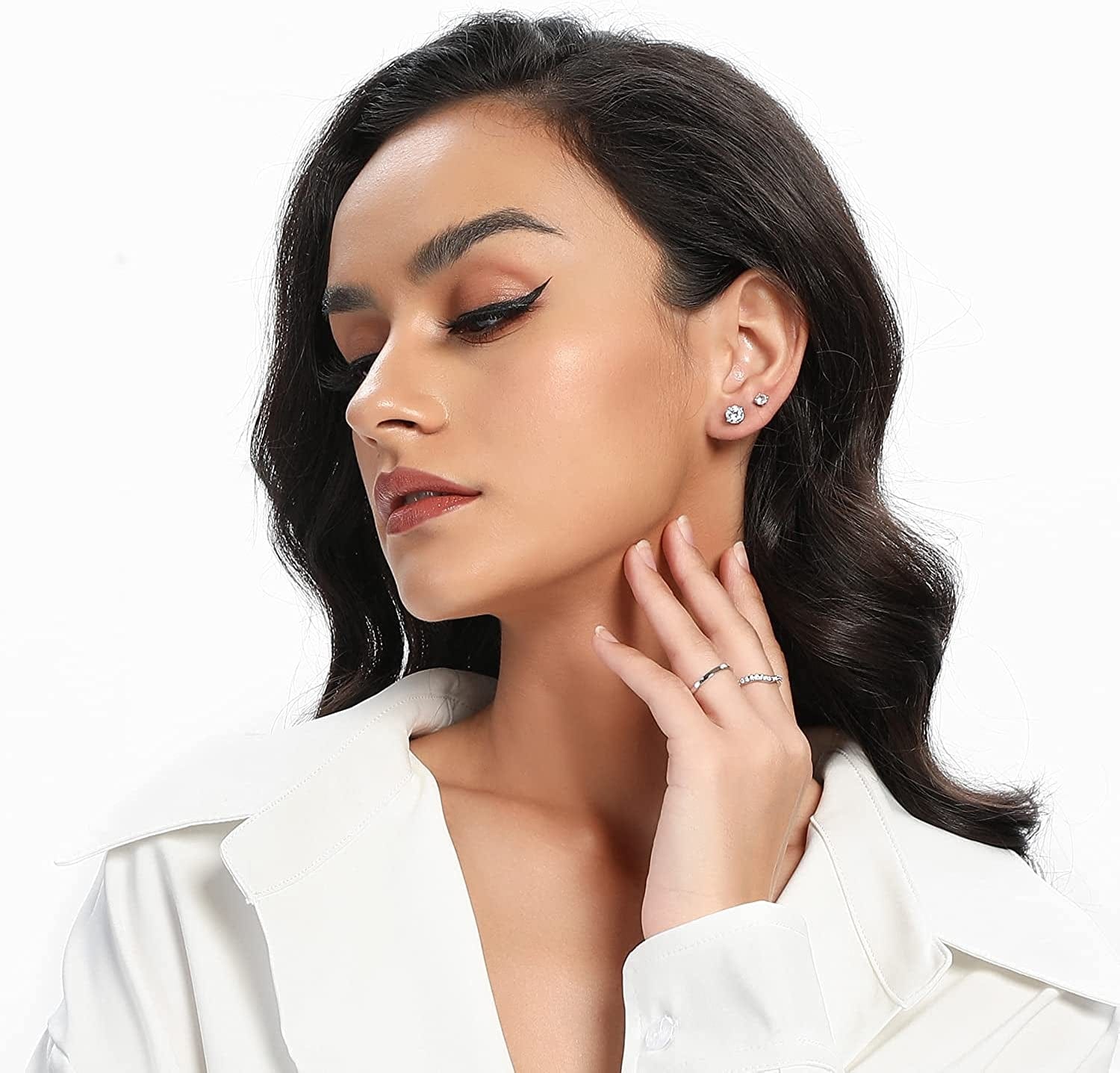 18K White Gold Plated 4 Pong round Clear Cubic Zirconia Stud Earring Pack of 6 Pairs (6 Pairs) Apparel & Accessories > Jewelry > Earrings MDFUN