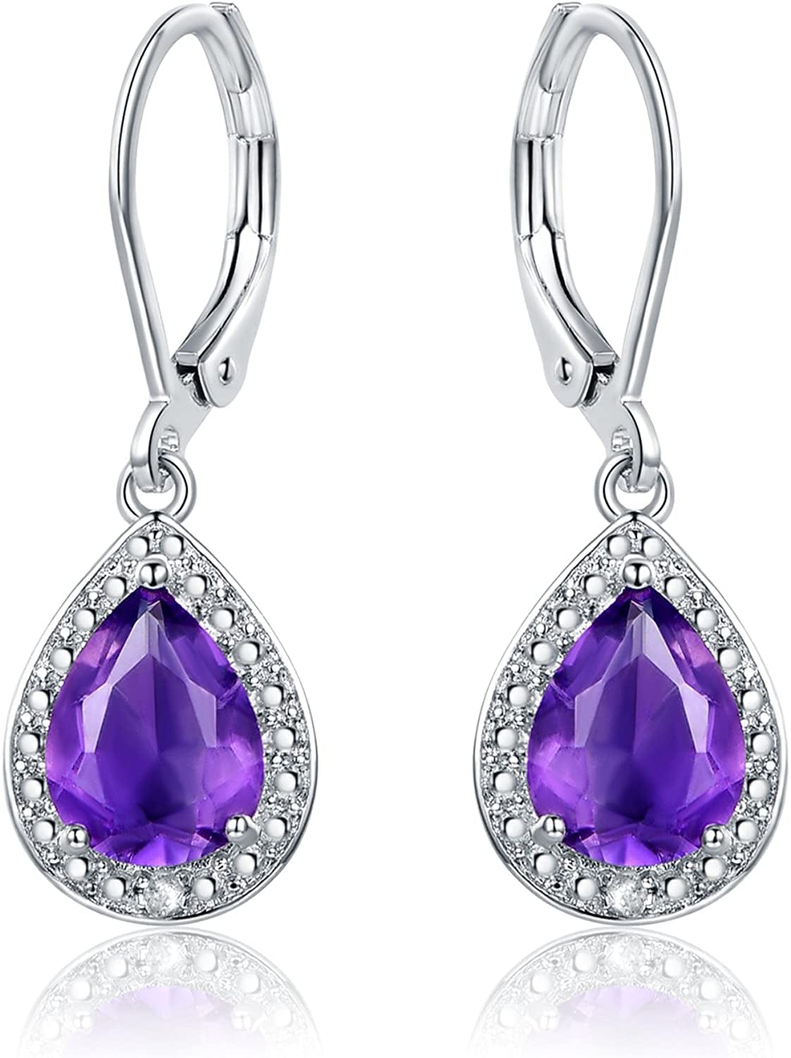 18K White Gold Plated Created Gemstone & Diamond Accent Drop Earrings Amethyst