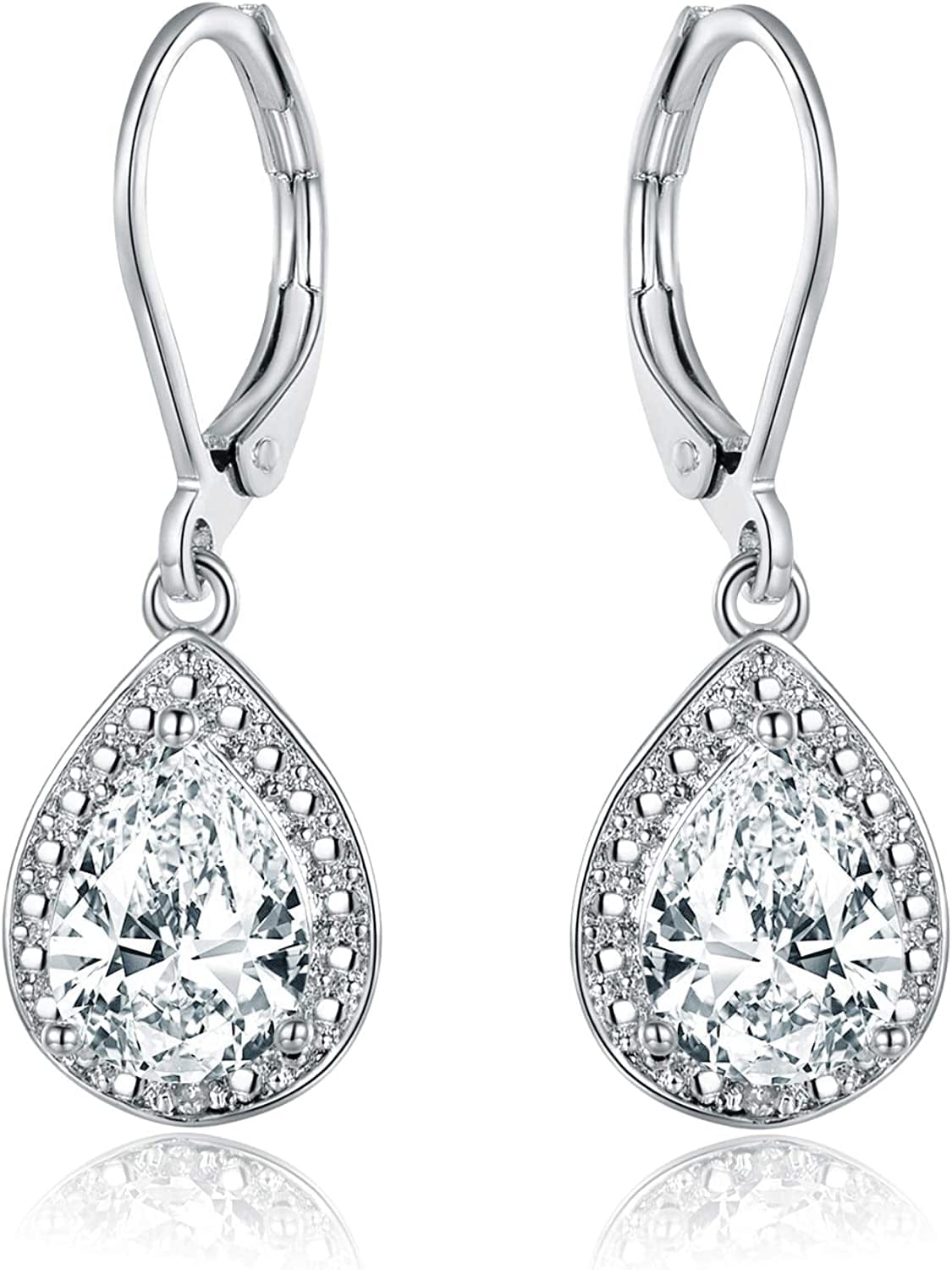 18K White Gold Plated Created Gemstone & Diamond Accent Drop Earrings White Sapphire