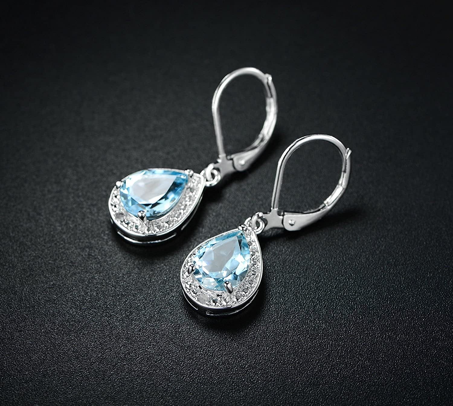 18K White Gold Plated Created Gemstone & Diamond Accent Drop Earrings