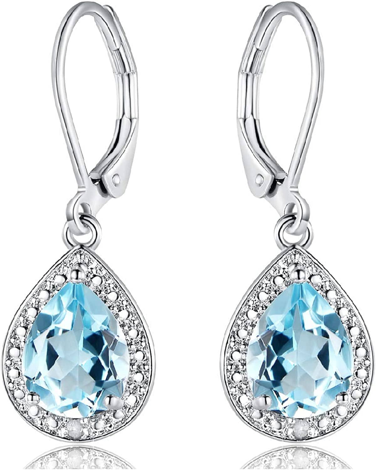 18K White Gold Plated Created Gemstone & Diamond Accent Drop Earrings Blue Topaz