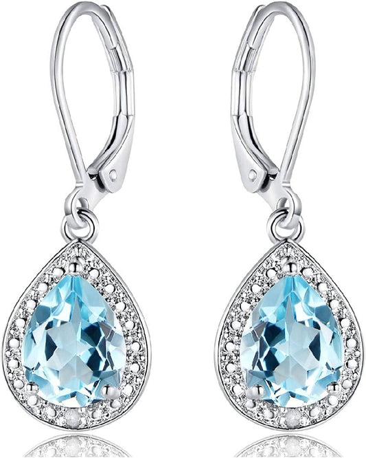 18K White Gold Plated Created Gemstone & Diamond Accent Drop Earrings Blue Topaz