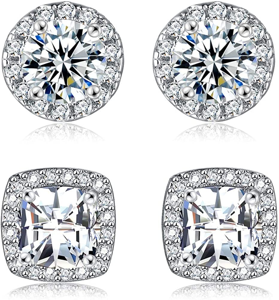 18K White Gold Plated round Square Cubic Zirconia Simulated Diamond Halo Stud Earrings (2 Pairs) Apparel & Accessories > Jewelry > Earrings OPOMOMO