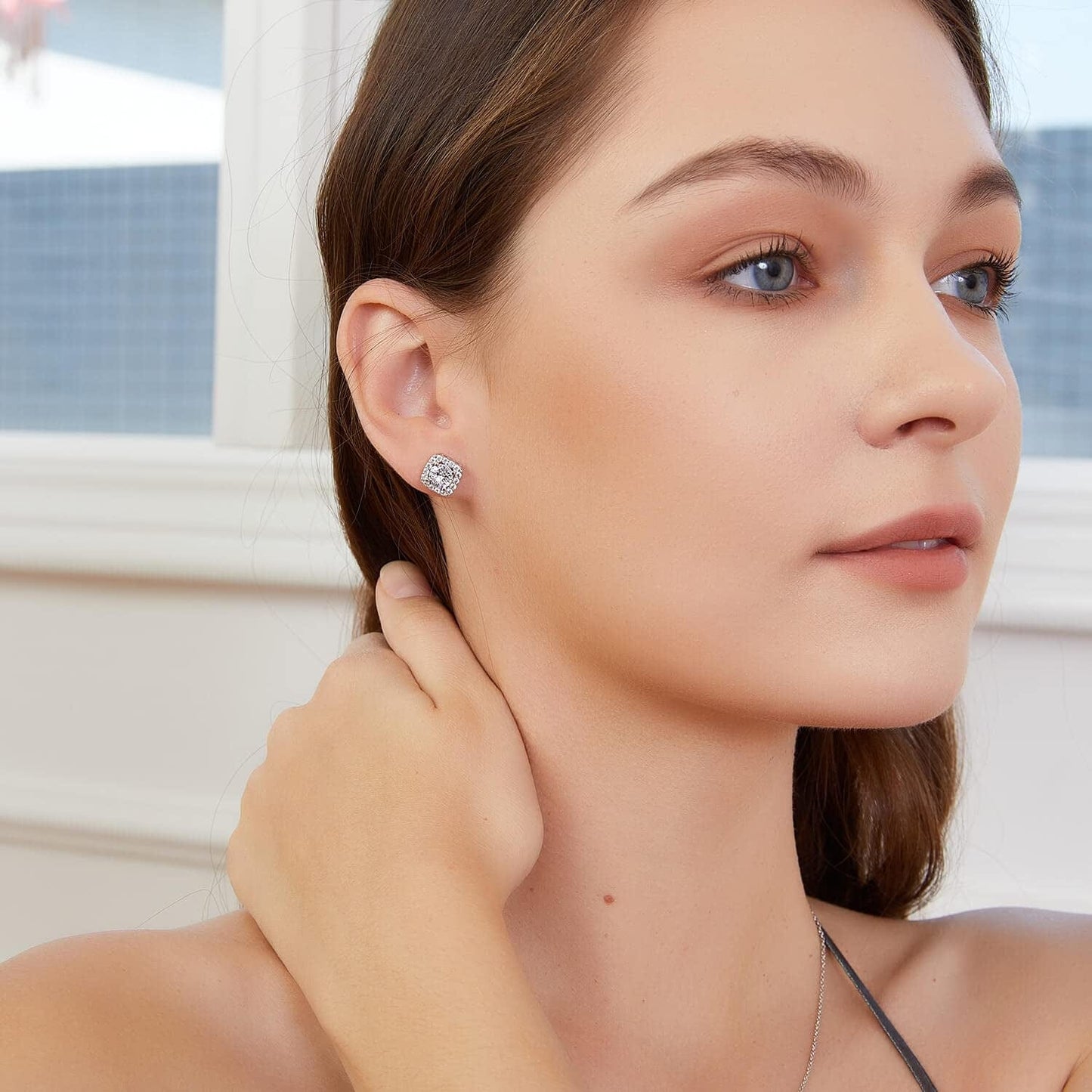 18K White Gold Plated round Square Cubic Zirconia Simulated Diamond Halo Stud Earrings (2 Pairs) Apparel & Accessories > Jewelry > Earrings OPOMOMO