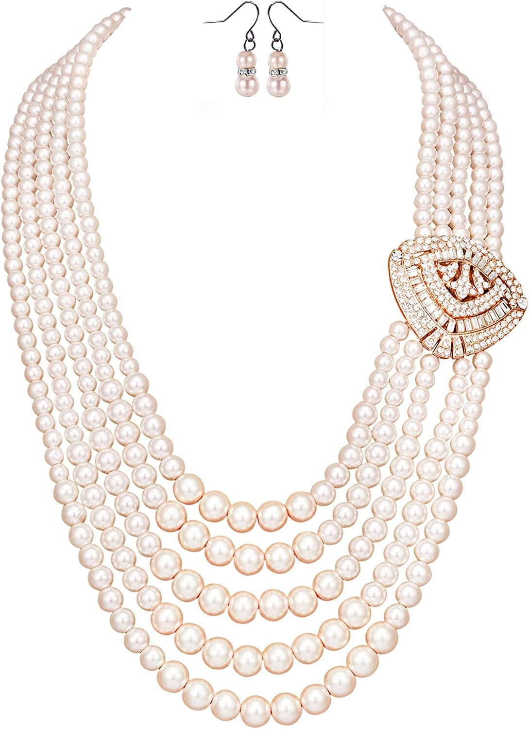 1920S Gatsby Pearl Necklace Vintage Bridal Pearl Necklace Earrings Jewelry Set Multilayer Imitation Pearl Necklace with Brooch Rose Gold2