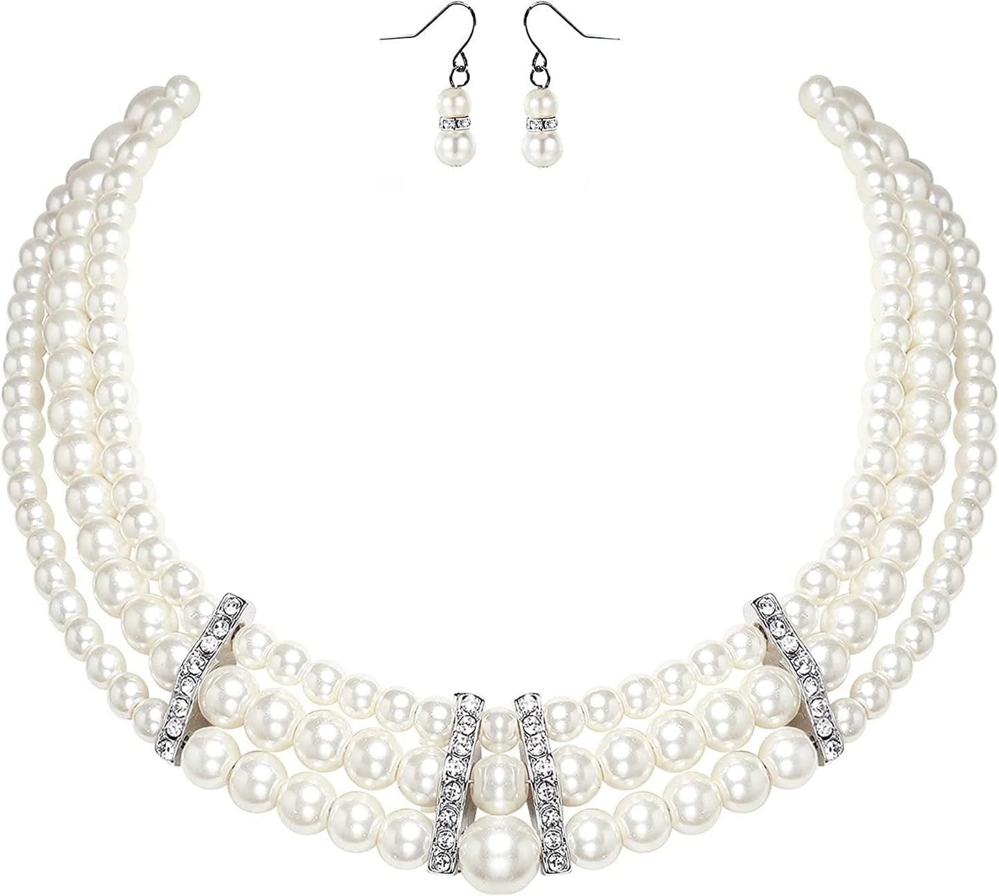 1920S Gatsby Pearl Necklace Vintage Bridal Pearl Necklace Earrings Jewelry Set Multilayer Imitation Pearl Necklace with Brooch Style 6-White