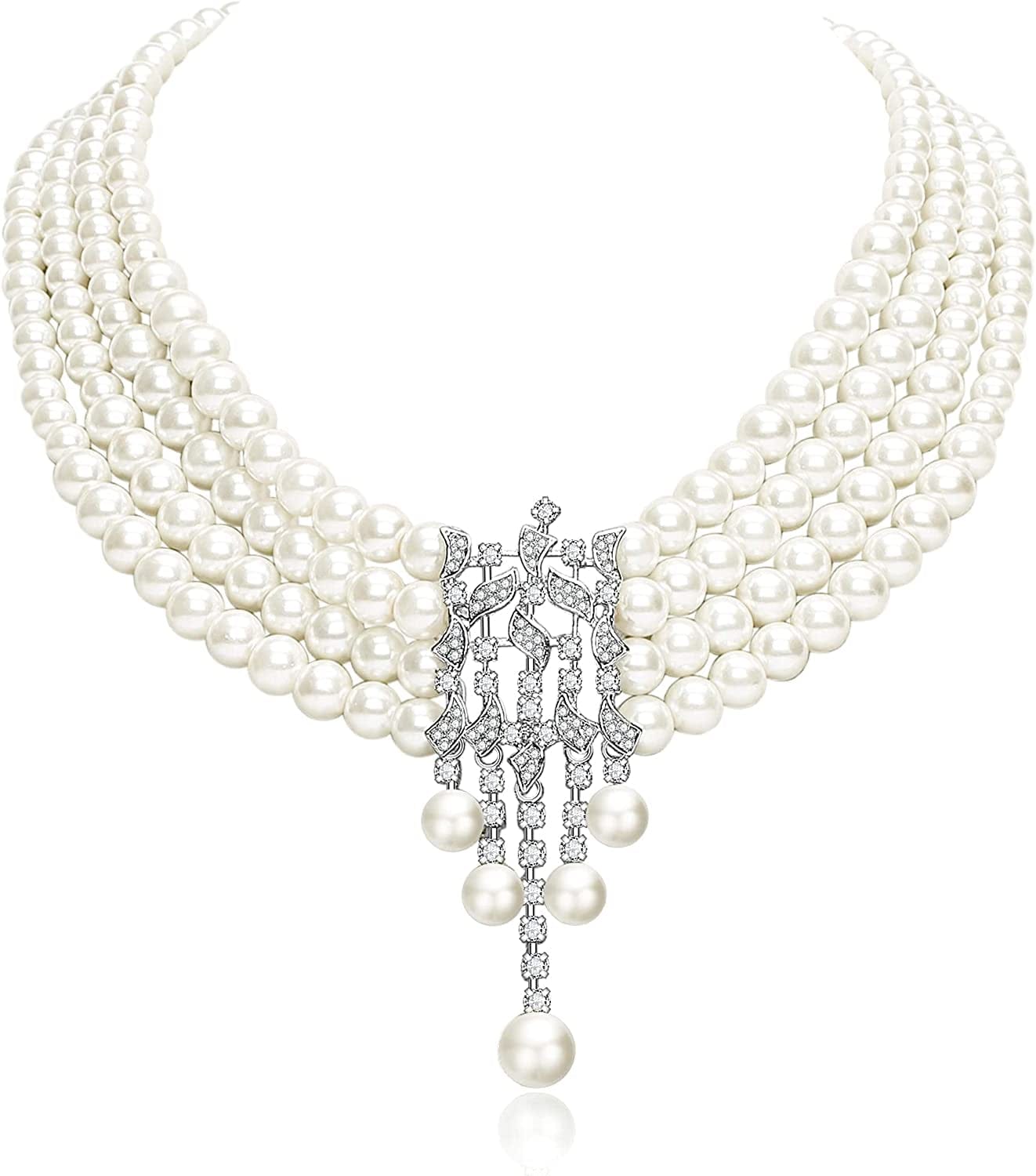 1920S Gatsby Pearl Necklace Vintage Bridal Pearl Necklace Earrings Jewelry Set Multilayer Imitation Pearl Necklace with Brooch Style8-White