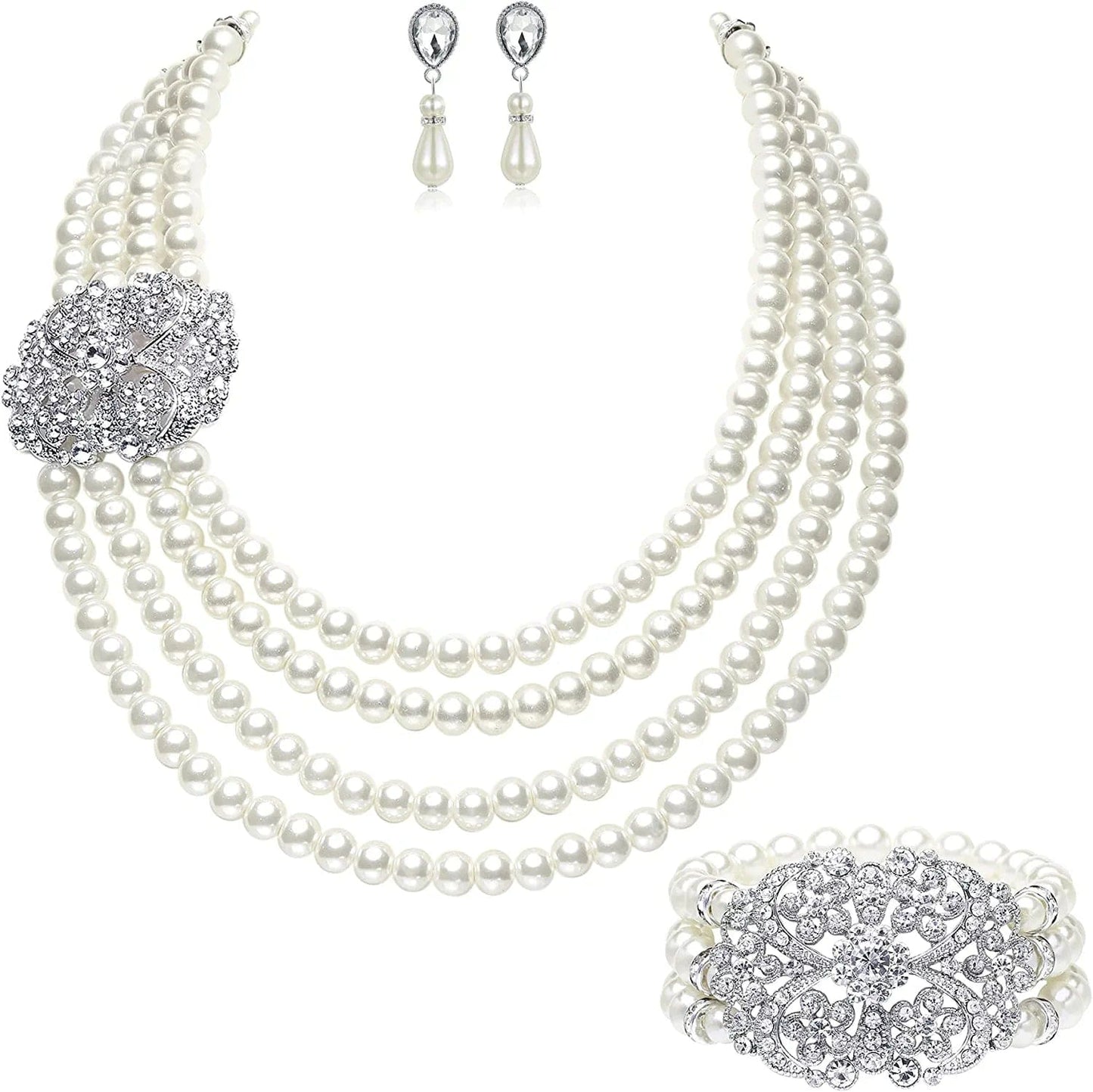 1920S Gatsby Pearl Necklace Vintage Bridal Pearl Necklace Earrings Jewelry Set Multilayer Imitation Pearl Necklace with Brooch Style 4-Silver