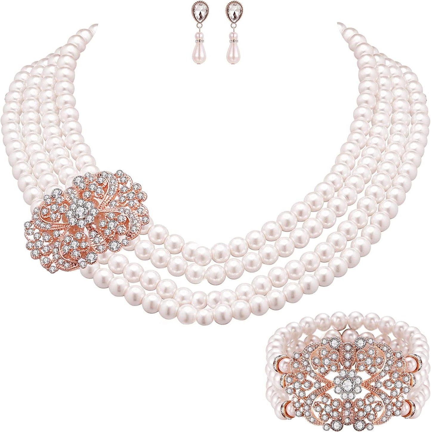 1920S Gatsby Pearl Necklace Vintage Bridal Pearl Necklace Earrings Jewelry Set Multilayer Imitation Pearl Necklace with Brooch Rose Gold5