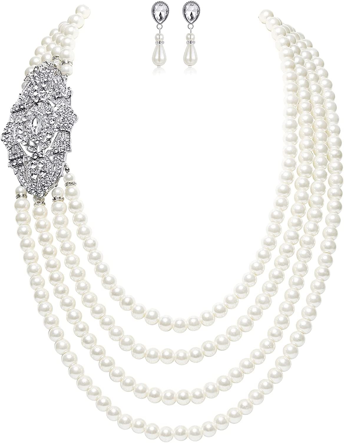 1920S Gatsby Pearl Necklace Vintage Bridal Pearl Necklace Earrings Jewelry Set Multilayer Imitation Pearl Necklace with Brooch Style 2