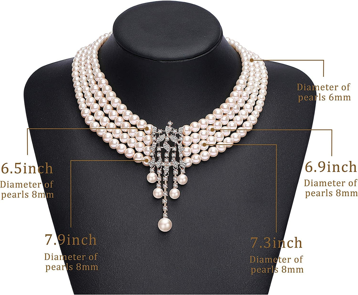 1920S Gatsby Pearl Necklace Vintage Bridal Pearl Necklace Earrings Jewelry Set Multilayer Imitation Pearl Necklace with Brooch