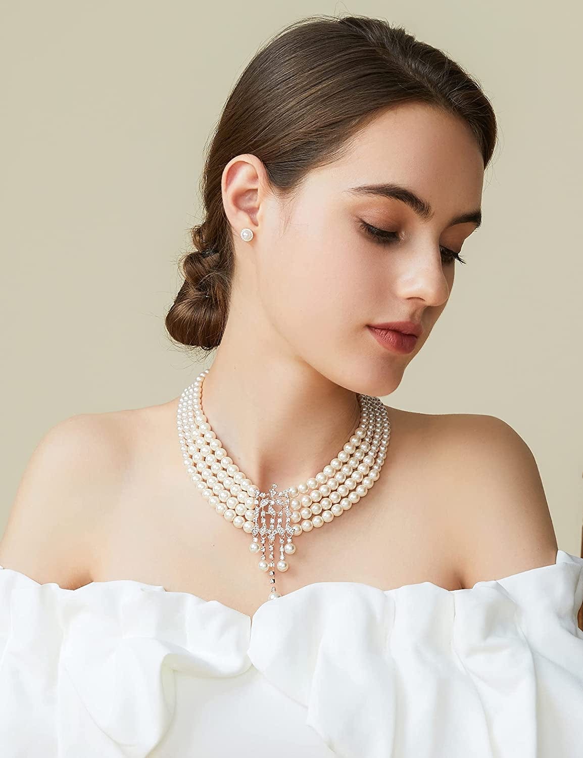 1920S Gatsby Pearl Necklace Vintage Bridal Pearl Necklace Earrings Jewelry Set Multilayer Imitation Pearl Necklace with Brooch