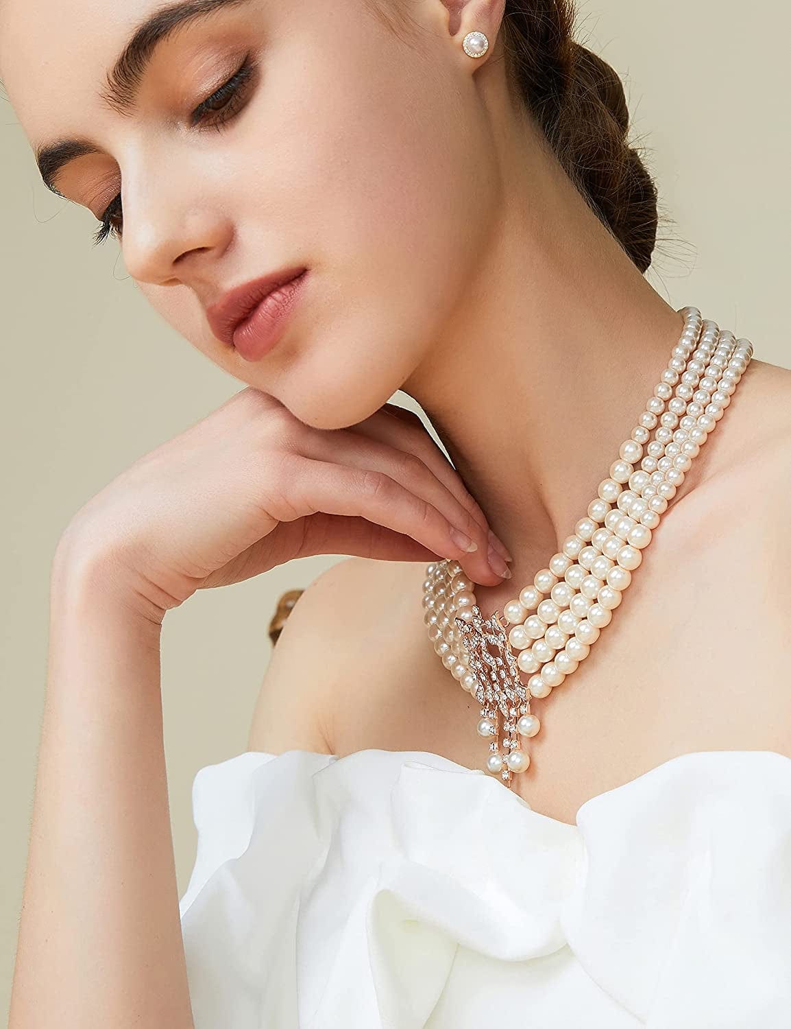 1920S Gatsby Pearl Necklace Vintage Bridal Pearl Necklace Earrings Jewelry Set Multilayer Imitation Pearl Necklace with Brooch