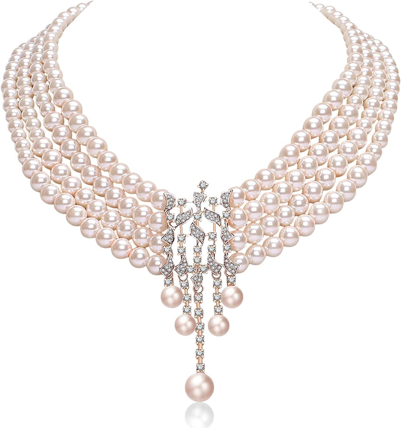 1920S Gatsby Pearl Necklace Vintage Bridal Pearl Necklace Earrings Jewelry Set Multilayer Imitation Pearl Necklace with Brooch Style8-Rose Gold