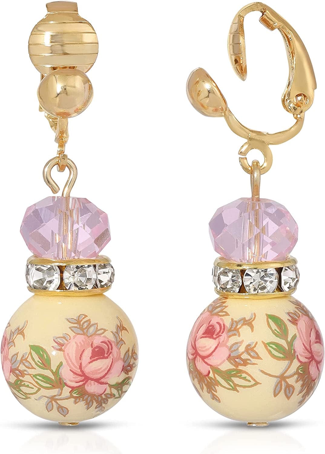 1928 Jewelry Pink Floral Decal Beaded Drop Earrings Clip On