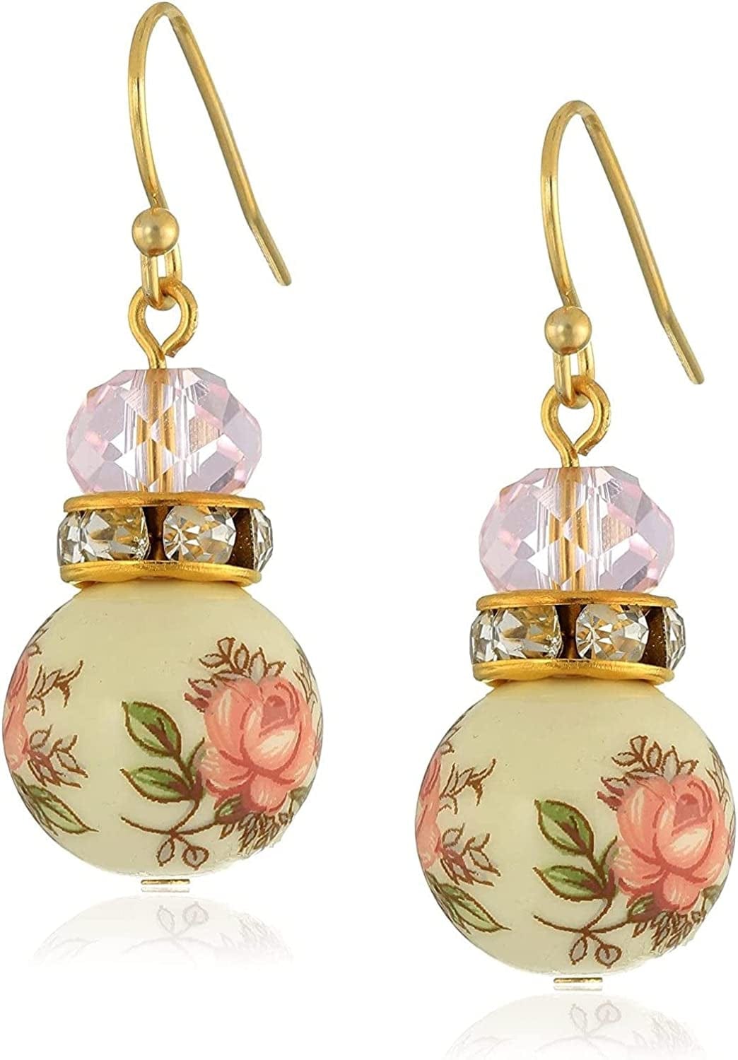 1928 Jewelry Pink Floral Decal Beaded Drop Earrings Drop