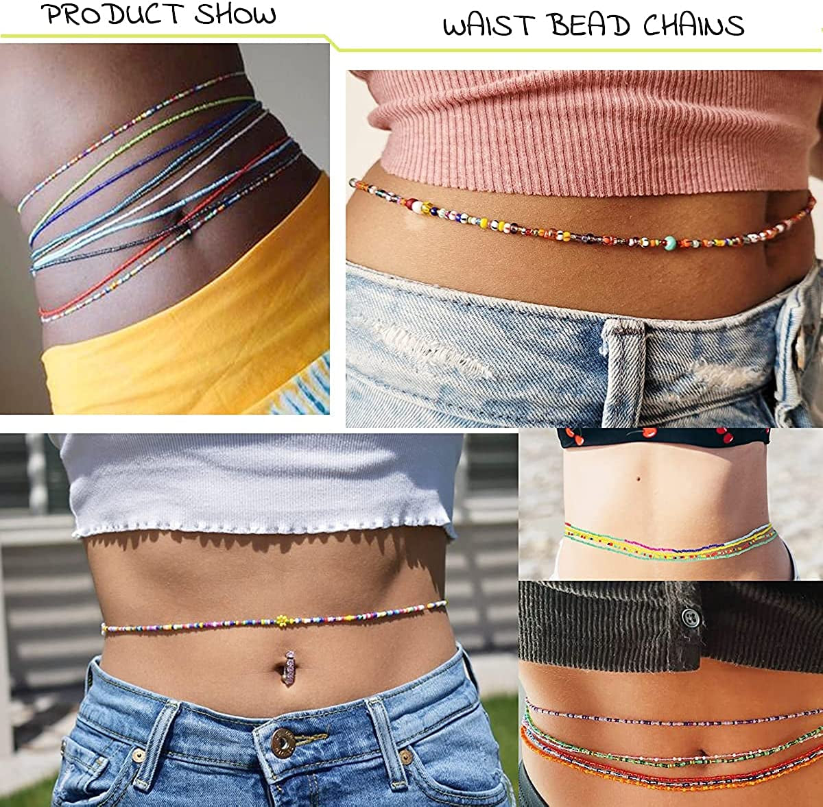 Sunssy 32Pcs Waist Beads for Women Girls Colorful Elastic Body Chain Belly Beads Bikini Chain Bead Waist Chain Jewelry Set Apparel & Accessories > Jewelry > Body Jewelry Sunssy