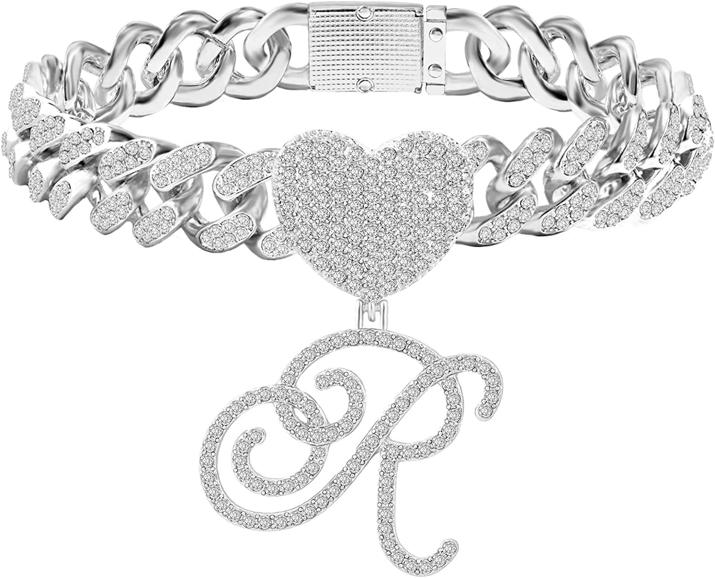 KKJTDS 13Mm Silver Cuban Link Anklets for Women Cursive Pendant Miami Cuban Link Chain Ankle Bracelets for Women Hip Hop Iced Out Letter Chain Anklet Apparel & Accessories > Jewelry > Anklets KKJTDS R