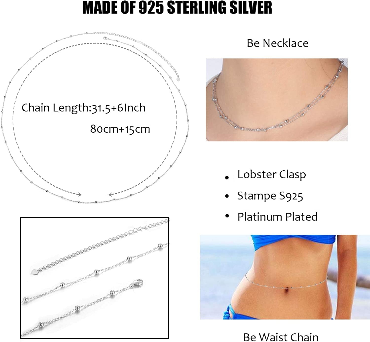 Sllaiss 925 Sterling Silver Beach Body Waist Chain Minimalist Beach Body Belt Chain Beaded Belly Chain for Women Body Jewelry Apparel & Accessories > Jewelry > Body Jewelry Sllaiss