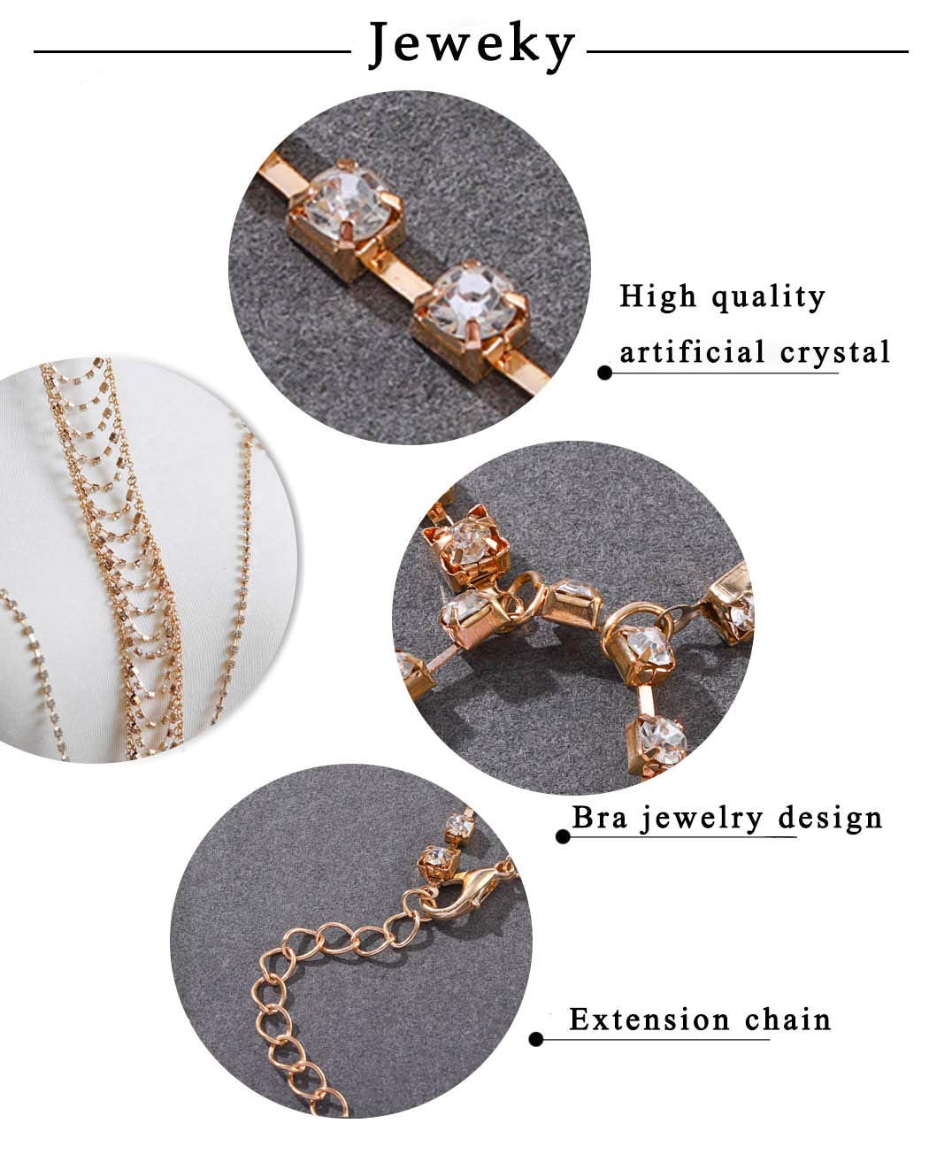 Jeweky Boho Crystal Body Chain Gold Rhinestone Harness Bra Jewelry Beach Bikini Body Jewelry for Women and Girls Apparel & Accessories > Jewelry > Body Jewelry Artist Unknown