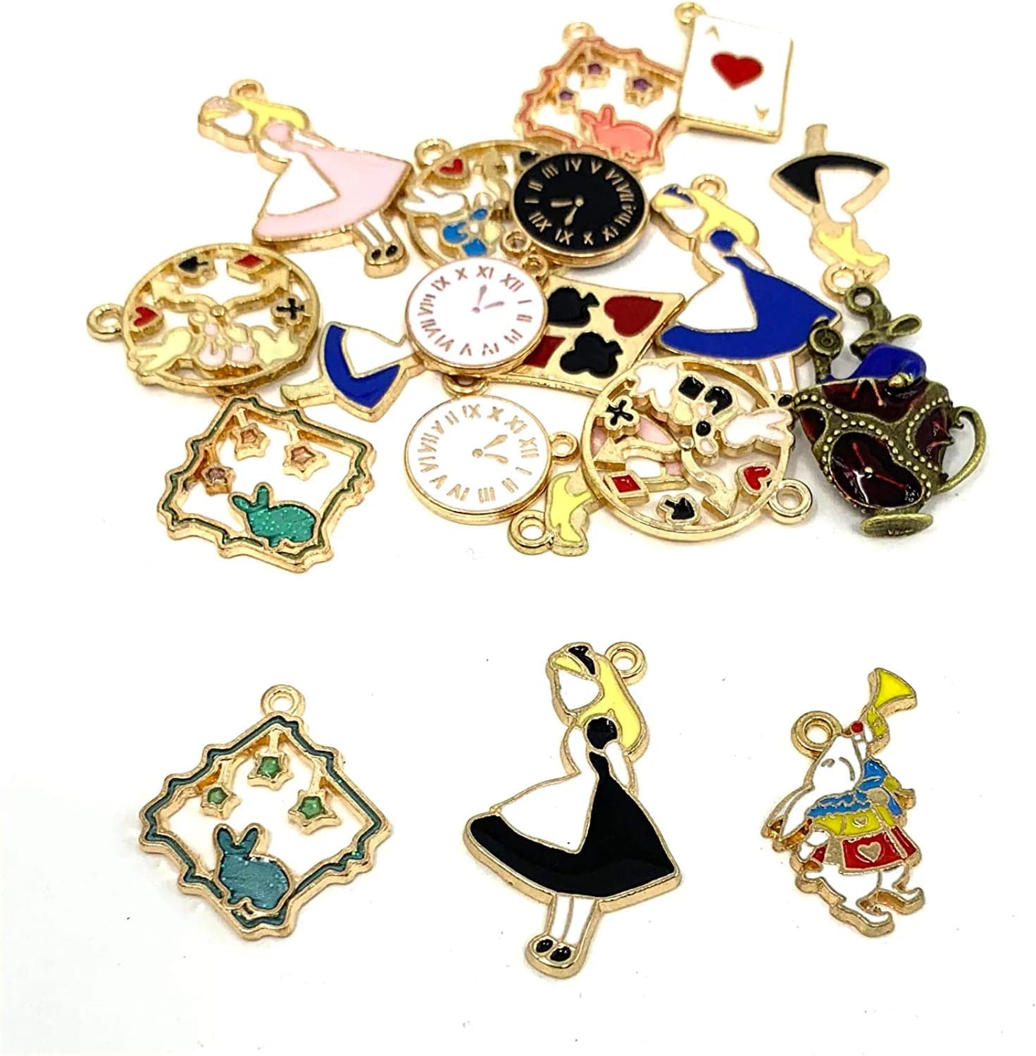 19PCS Assorted Gold Plated Enamel Alice in Wonderland Wreath Charm Pendant DIY for Necklace Bracelet Jewelry Making and Crafting