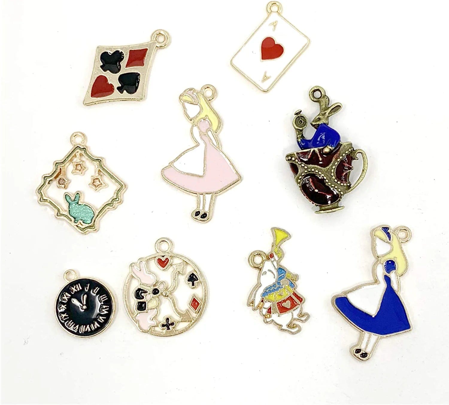 19PCS Assorted Gold Plated Enamel Alice in Wonderland Wreath Charm Pendant DIY for Necklace Bracelet Jewelry Making and Crafting
