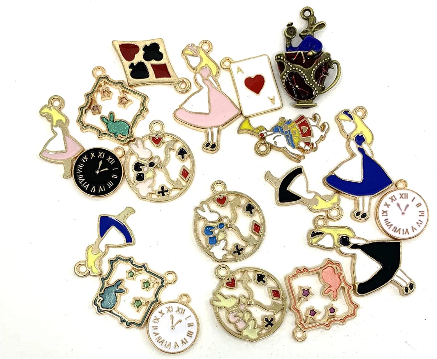 19PCS Assorted Gold Plated Enamel Alice in Wonderland Wreath Charm Pendant DIY for Necklace Bracelet Jewelry Making and Crafting