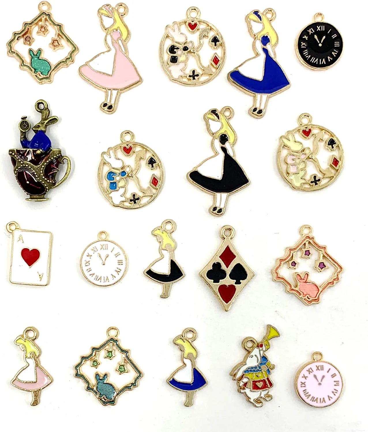 19PCS Assorted Gold Plated Enamel Alice in Wonderland Wreath Charm Pendant DIY for Necklace Bracelet Jewelry Making and Crafting