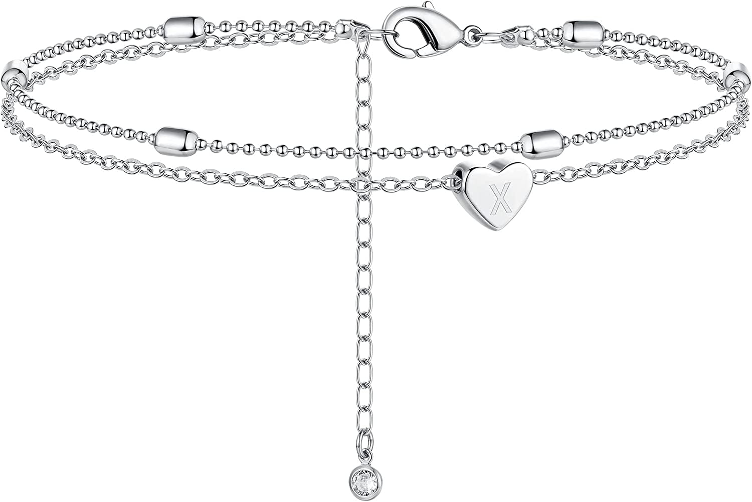 Moodear Silver Ankle Bracelets for Women, Sterling Silver Initial Anklet Layered Dainty Tiny Heart Charm Handmade Carved Alphabet A-Z Letter Ankle Bracelet Beaded Foot Chain Personalized Name Anklets Summer Cute Boho Beach Gift for Her Apparel & Accessories > Jewelry > Anklets Moodear Sterling Silver-X