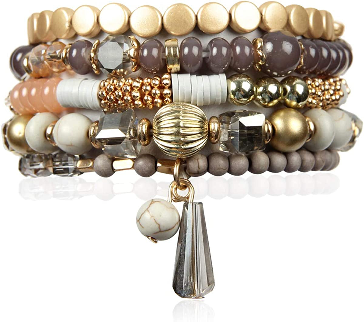 Bohemian Mix Bead Multi Layer Versatile Statement Bracelets - Stackable Beaded Strand Stretch Bangles Sparkly Crystal, Tassel Charm Apparel & Accessories > Jewelry > Bracelets RIAH FASHION Gray