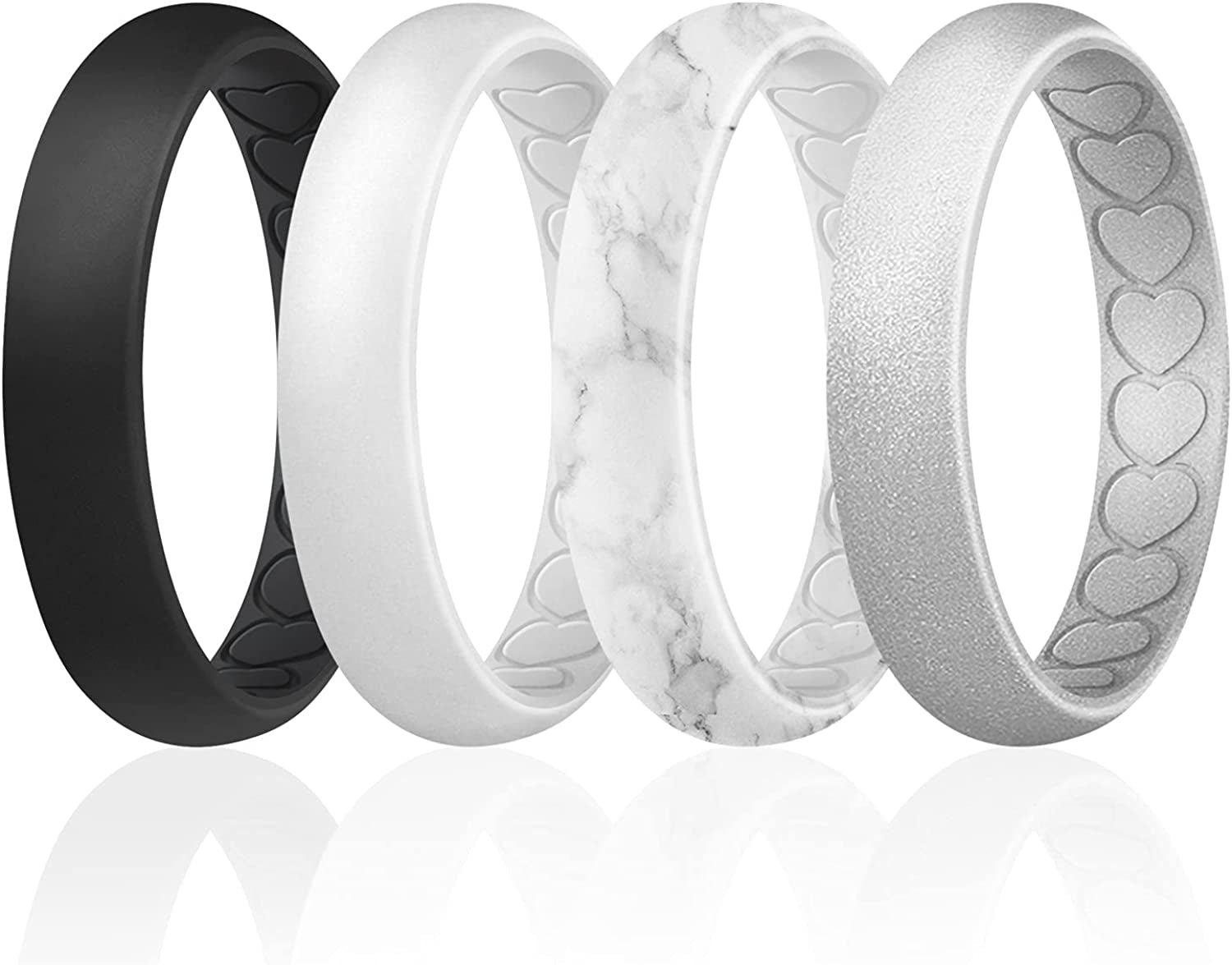 ROQ Silicone Wedding Bands for Women - Breathable Thin Inner Hearts Unique Design Womens Silicone Rubber Ring - Bridal Jewelry Set Anniversary Rings - U.S. Design Patent Pending Apparel & Accessories > Jewelry > Body Jewelry ROQ Black, White, Marble White with Black, Silver 10 - 10.5 (19.8mm)