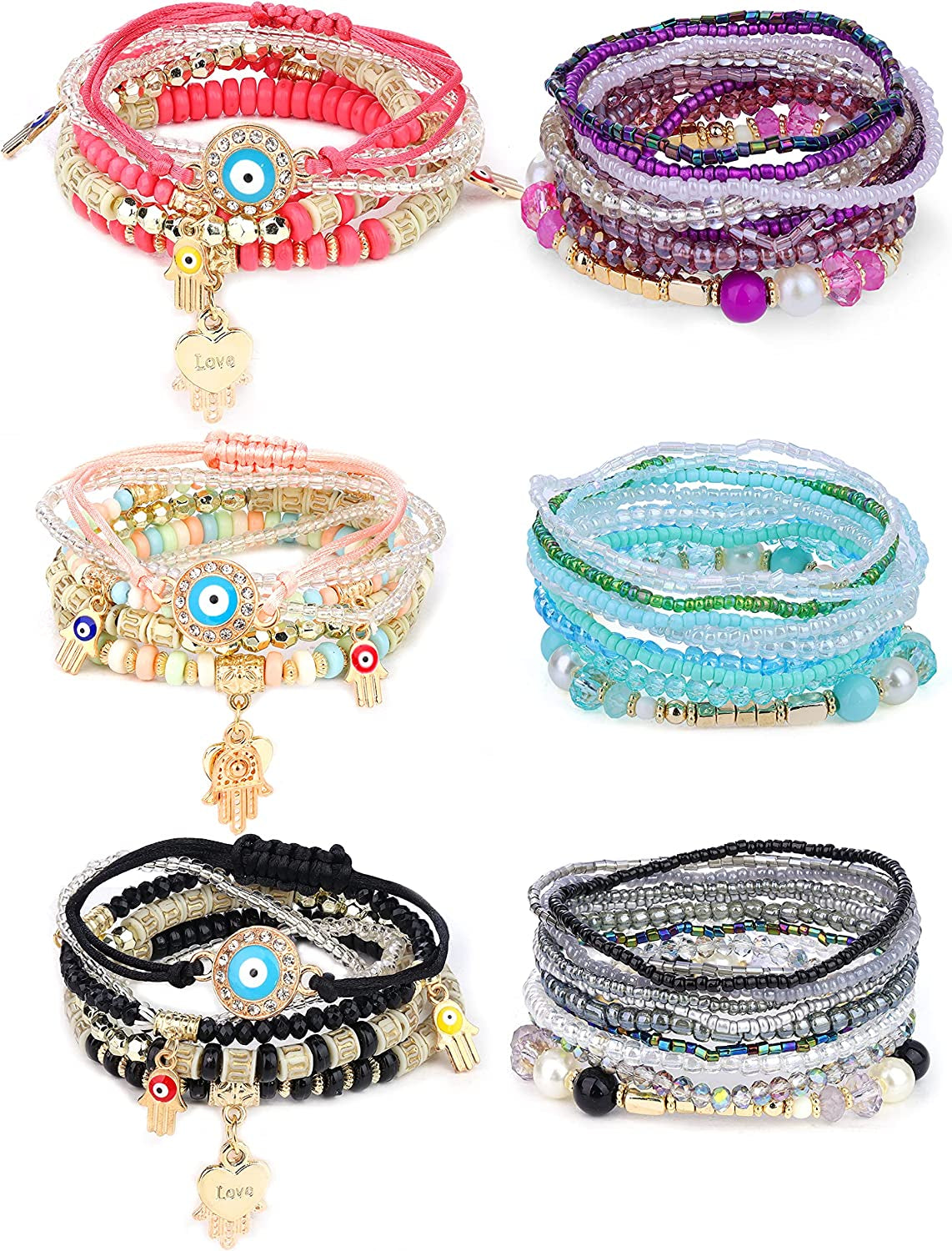 SAILIMUE 4-6 Sets Bohemian Stackable Bead Bracelets for Women Multicolor Stretch Beaded Bracelets Layered Bead Adjustable Bracelet Pink Black Turquoise Stretch Bracelets Apparel & Accessories > Jewelry > Bracelets sailimue B. 6 Sets Evil Eye Bead Bracelets