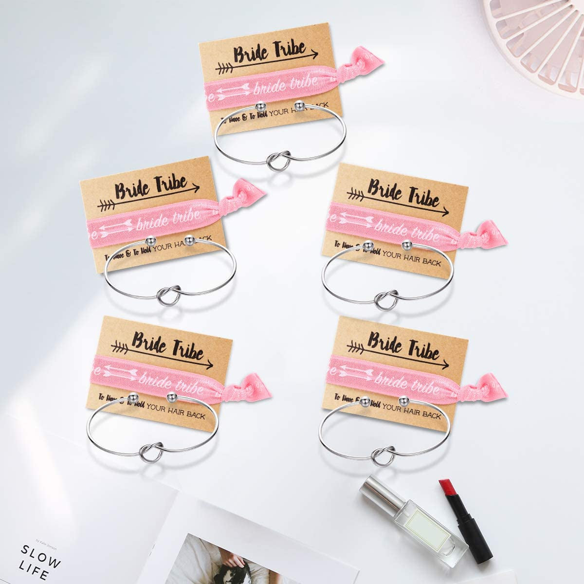 Bridesmaid Bracelets-Ikooo 5 Pcs Love Knot Open Bangle with Bride Tribe Hair Tie for Best Friend, BFF of the Bride Wedding Gift Apparel & Accessories > Jewelry > Bracelets MOOKOO