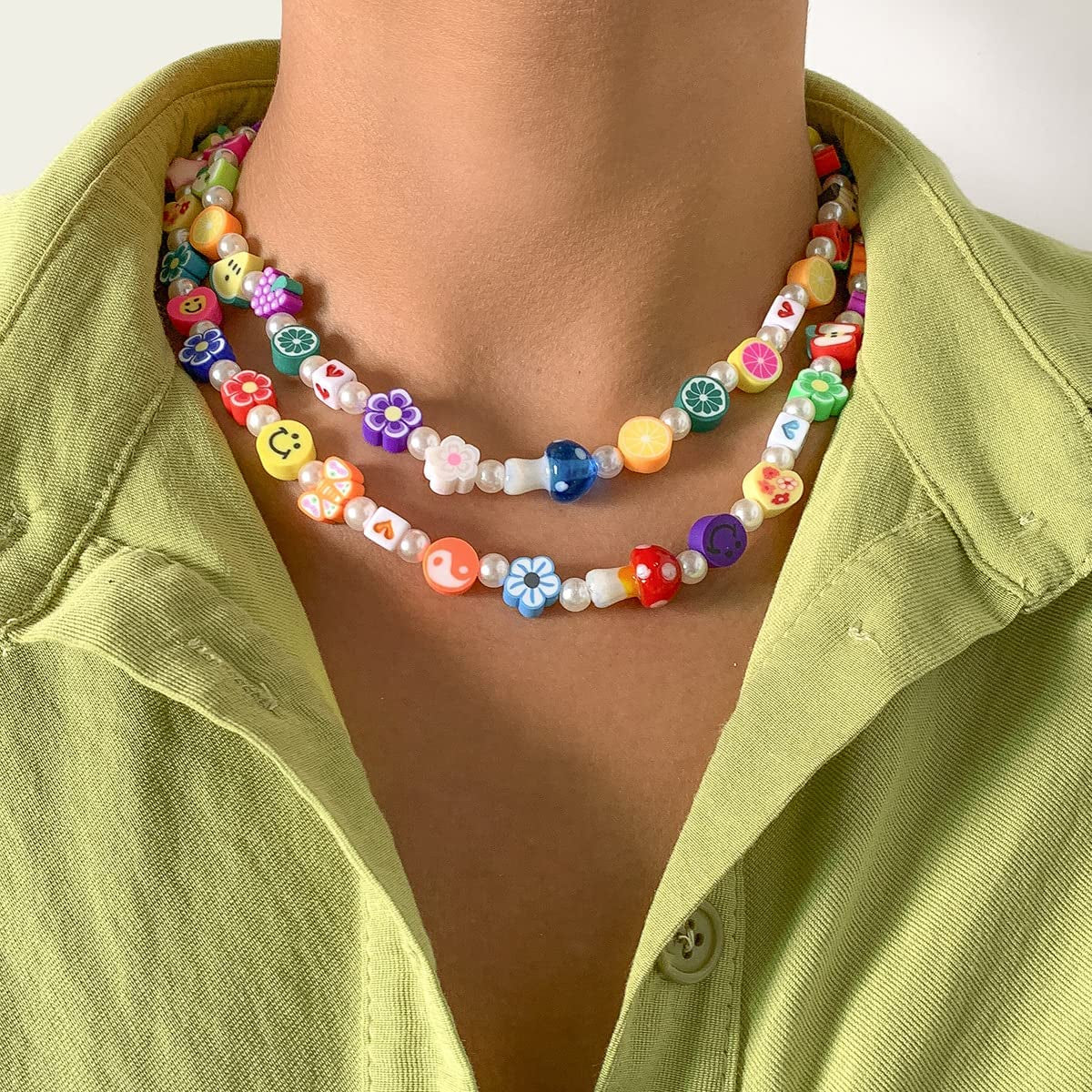 Boho Smiley Layered Beaded Necklaces with Strand Bracelet, Smile Face Star Fruits Flowers Heart Shape Beads Pearl Stackable Collar Necklace Anklet for Women Girls Vsco Summer Beach Trip Apparel & Accessories > Jewelry > Anklets Bincon