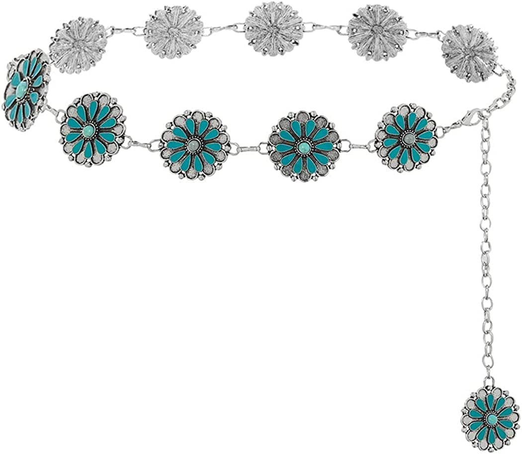 Navoky Turquoise Waist Chains Silver Belly Bodychain Western Chain Belt Concho Belts Boho Body Accessories Jewelry for Women and Girls Apparel & Accessories > Jewelry > Body Jewelry Navoky Medium