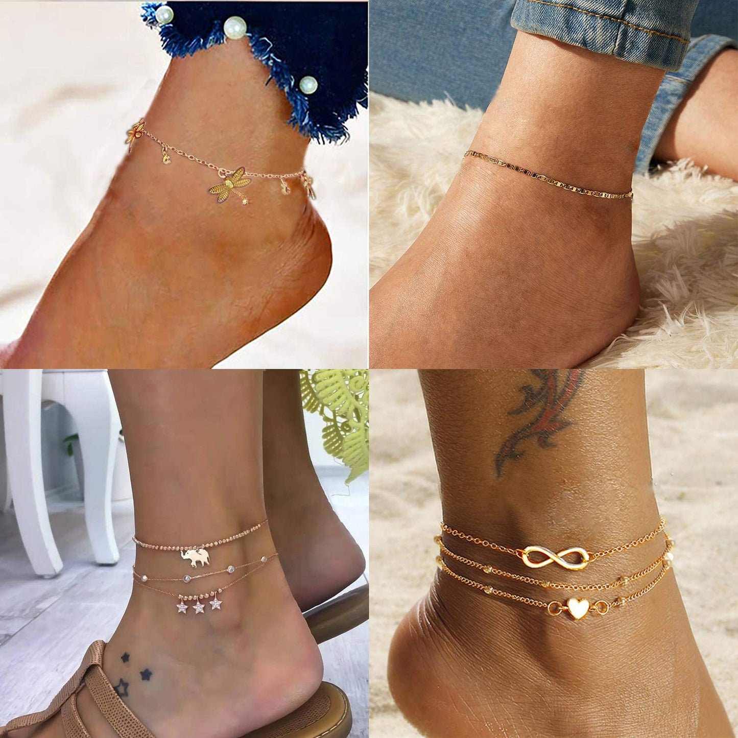 Honsny 18PCS Ankle Bracelets for Women Gold Silver Layered Chain Anklet Set Adjustable Size Beach Anklet Bracelet Jewelry for Women Teen Girls Apparel & Accessories > Jewelry > Anklets Honsny