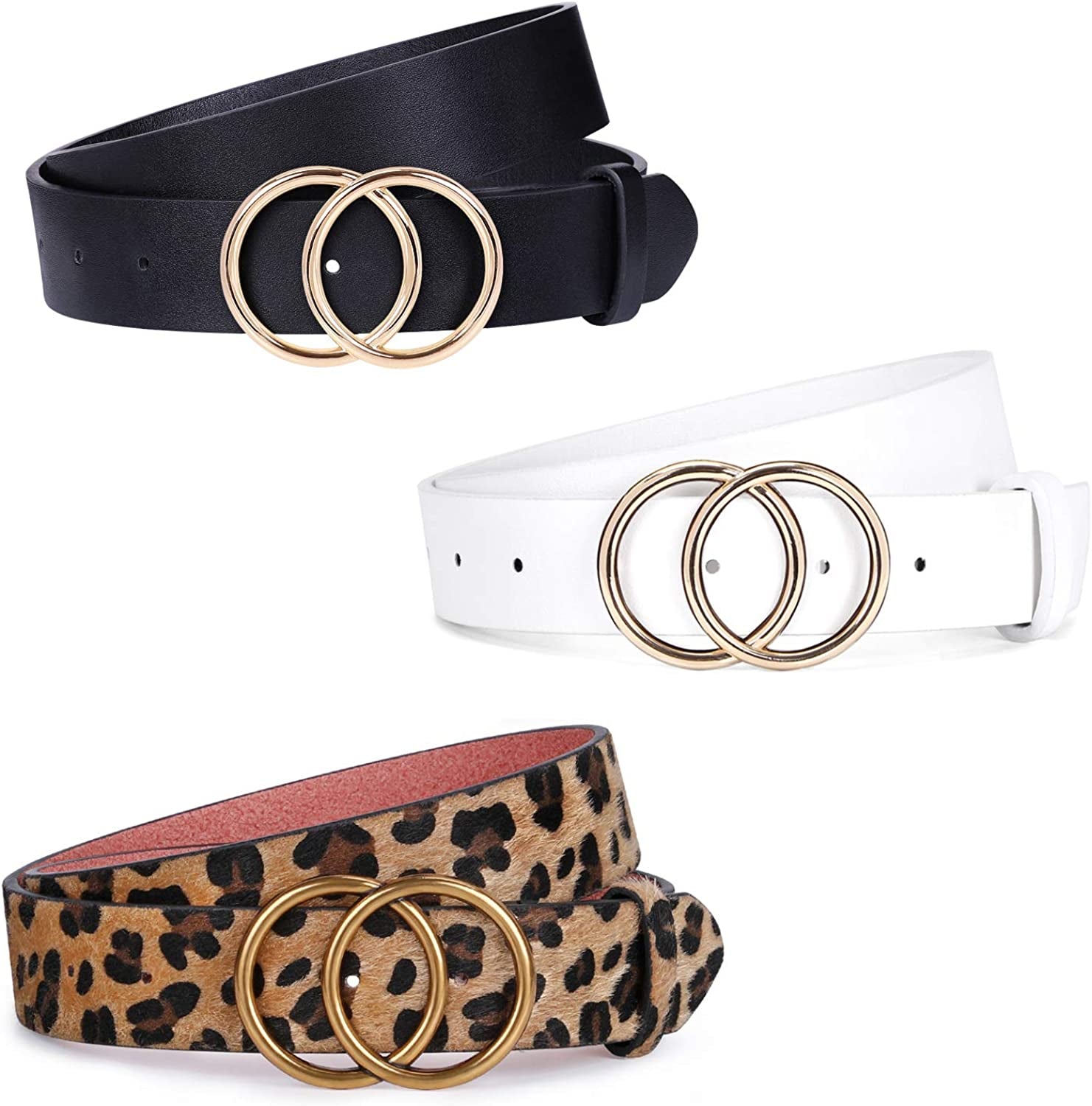 JASGOOD 3 Pack Women Leather Belt for Jeans Pants, Ladies Waist Belts with Double O-Ring Buckle Apparel & Accessories > Clothing Accessories > Belts KYLIE MAX G-black+leopard+white Fit Pants Size 28"-33"