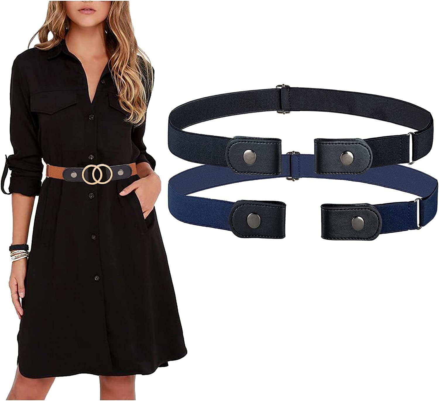 MSTOKIN No Buckle Stretch Belt Invisible Elastic Buckleless Belts for Jeans Double O Ring Belt for Waist Dress Pack of 4,2 Apparel & Accessories > Clothing Accessories > Belts MSTOKIN Black/Navy Blue