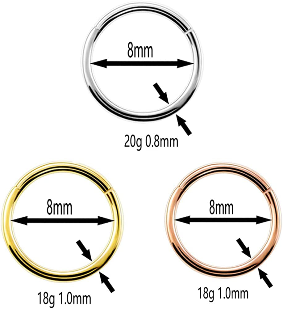 Vitaltyextracts 3Pcs Nose Rings Hypoallergenic 316L Surgical Steel Hinged Hoop 20G Silver 18G Gold - Rose Gold Diameter 8Mm Apparel & Accessories > Jewelry > Body Jewelry Vitaltyextracts