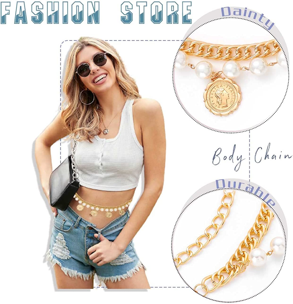 Pearl Tassel Belly Chain Retro Gold Coin Adjustable Chunky Body Chains Layered Nightclub Waist Chain Jewelry for Women & Girls, One Size Apparel & Accessories > Jewelry > Body Jewelry Generic
