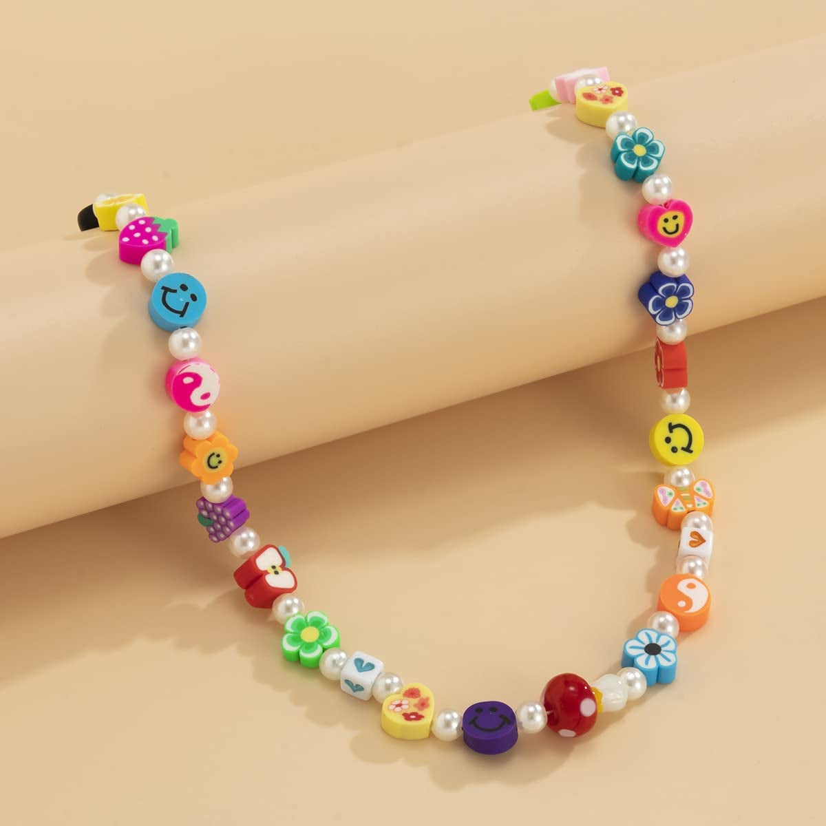 Boho Smiley Layered Beaded Necklaces with Strand Bracelet, Smile Face Star Fruits Flowers Heart Shape Beads Pearl Stackable Collar Necklace Anklet for Women Girls Vsco Summer Beach Trip Apparel & Accessories > Jewelry > Anklets Bincon